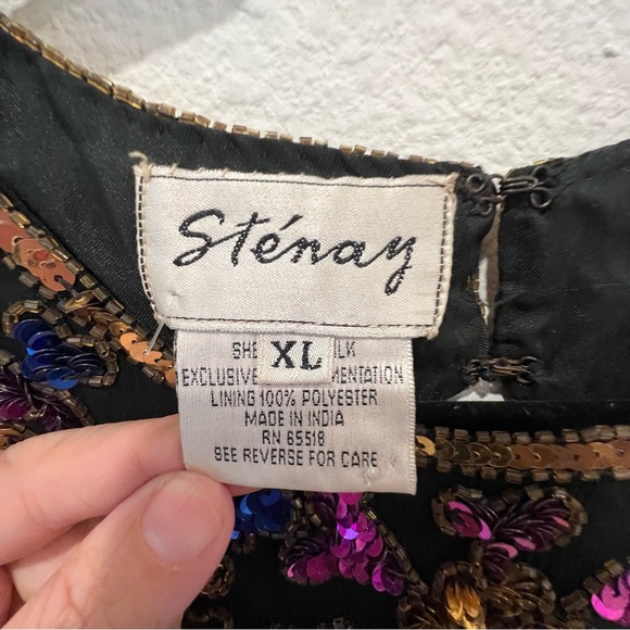 Vtg Sténay Black Gold Beaded Sequin Trophy Dress Silk India Size Xl Holidays - Picture 4 of 16